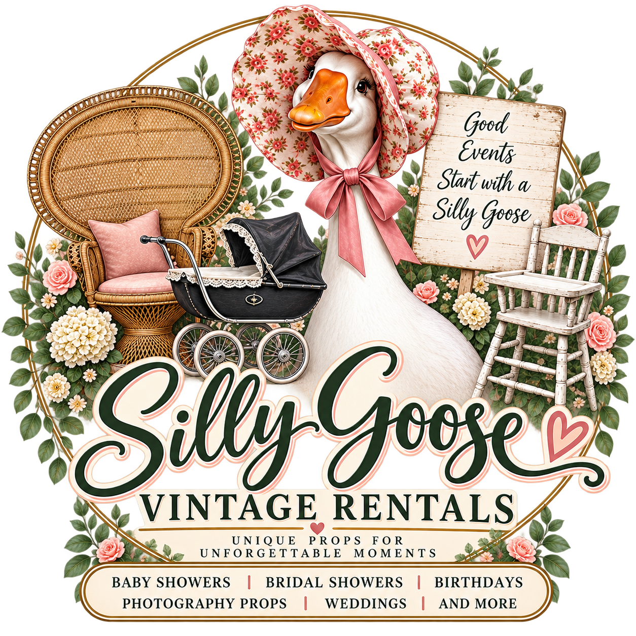 Silly Goose Vintage Rentals logo featuring a goose, peacock chair, vintage stroller, and high chair